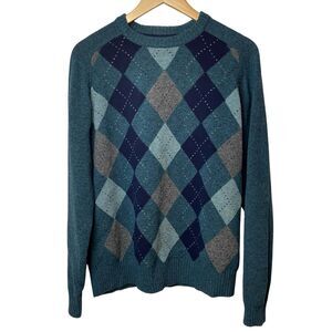 Lands End Men's Argyle 100% Wool Sweater Teal Diamond Crewneck Academia Size M